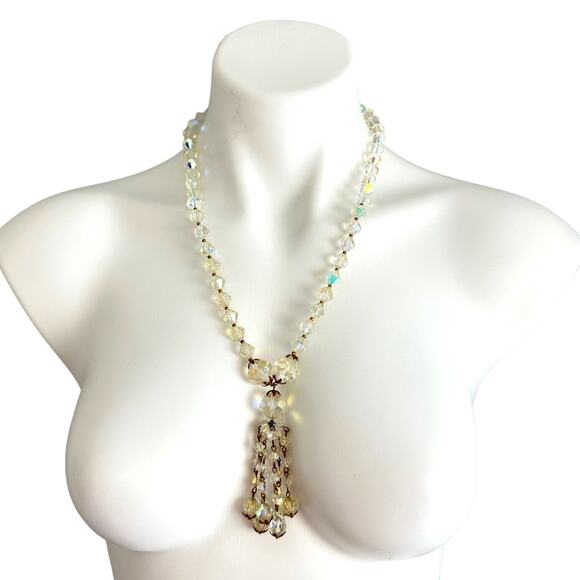 Aurora Borealis Glass Crystal Bead Necklace Long Necklace Tassel Gold Tone 50s - Picture 5 of 16